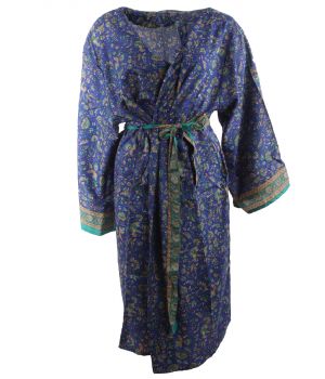 Zijde-blend kimono in blauw met bloemen en paisley