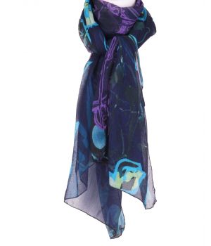 Marineblauwe crêpe voile sjaal met abstracte bloemen print