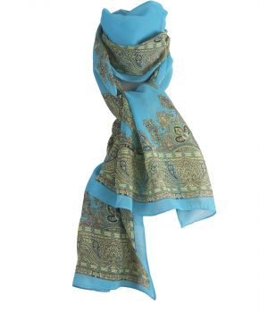 Turquoise-blauwe crêpe voile sjaal met paisley print