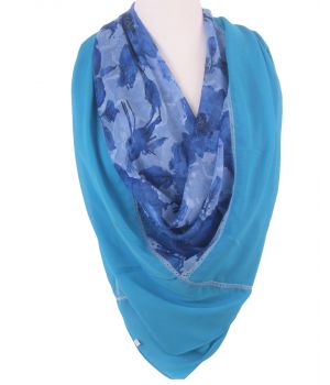 Turquoise - blauwe voile sjaal met gebloemd middenstuk