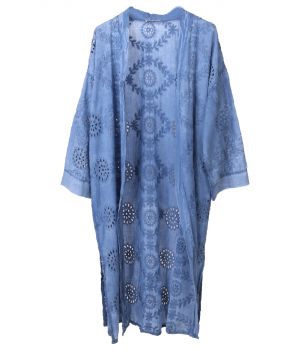 Lange katoenen broderie kimono in jeansblauw