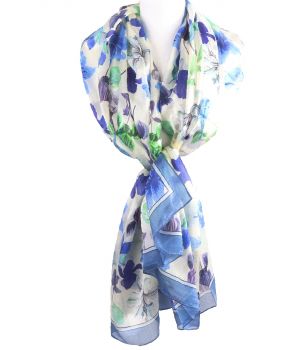Zijden sjaal/stola met diverse bloemenprint in blauw-tinten