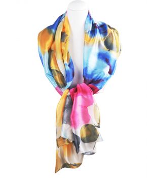 Zilvergrijze sjaal in zijdeblend met kleurrijke bloemenprint