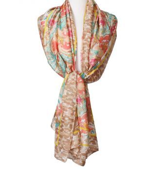 Zijde-blend sjaal in taupe met bloemenprint 