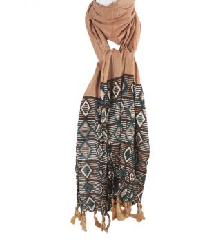 Camel katoenen sjaal met bruin/ turquoise print