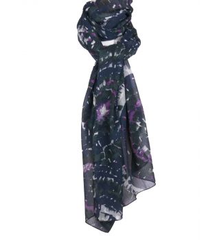 Donkergroene sjaal met print in donkerblauw en violet