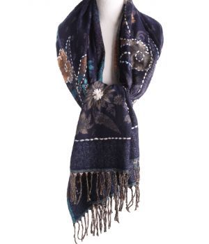 Donkerblauwe pashmina sjaal/omslagdoek met geweven bloemen