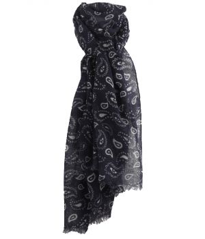 Luchtige donkerblauwe wollen mousseline sjaal met paisley print 