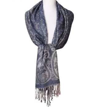 Pashmina sjaal in donker-jeans met floral patroon