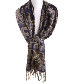 Pashmina sjaal in donkerblauw met lurex geweven paisley