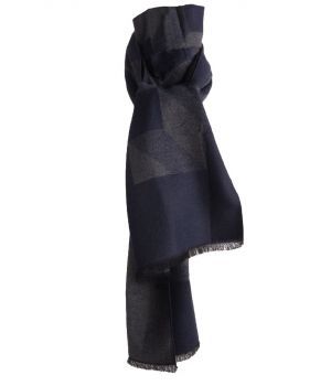 Zachte wol-blend sjaal in donkerblauw met grafische print