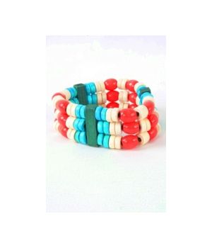 Houtenkralen armband in turquoise, wit en rood