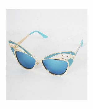 Exclusieve blauwe vrouwenmode zonnebril met metalen art deco