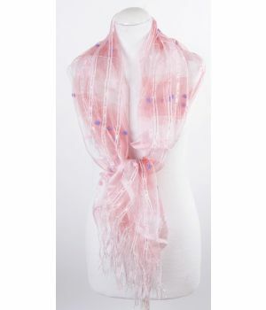 Sjaal van roze organza afgewerkt met pompoentjes