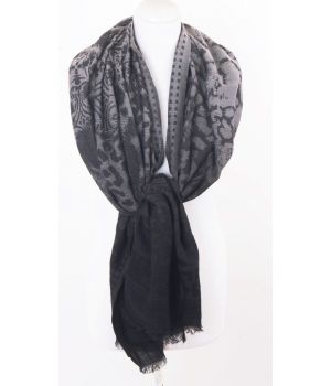 Taupe - zwarte wolblend sjaal met ingeweven patronen