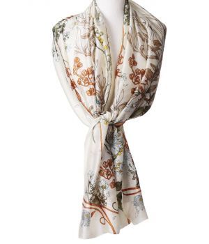 Zijde blend sjaal in ecru met geïllustreerde bloemenprint