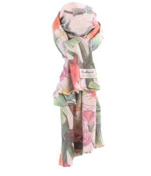 Ecru kasjmiermix sjaal met tropische bloemenprint