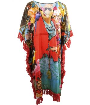 Lange katoenen kaftan/jurk met Frida Kahlo print 
