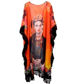 Lange katoenen kimono in oranje met Frida Kahlo afbeelding