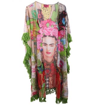 Lange  kimono met Frida Kahlo afbeelding met groene franjes