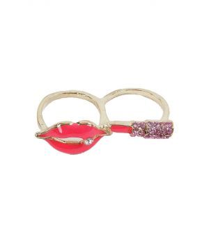 Goudkleurige twee-vinger ring met roze lippen en lippenstift
