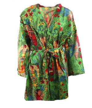 Korte limegroene katoenen kimono met Frida Kahlo print