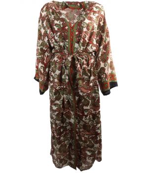 Lange zijde-blend kimono met paisley print groen-rood