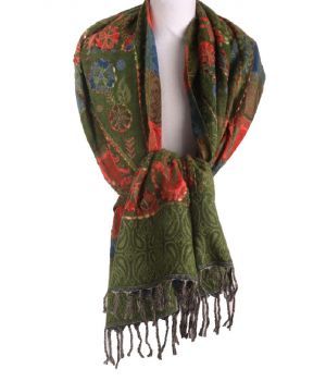 Pashmina sjaal/omslagdoek in groen met geweven bloemen