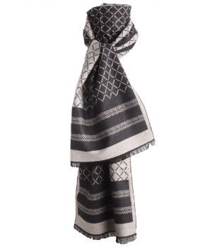 Zachte wol-blend sjaal met mixed print in zwart en zand