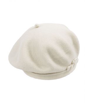 Ecru kleurige kasjmier-blend baret met pareltjes