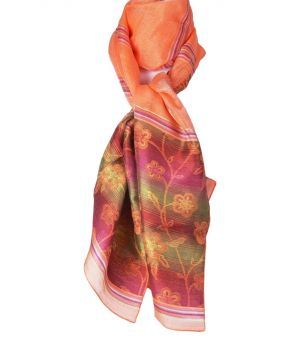Helder oranje glanzende organza sjaal met gebloemde uiteinden