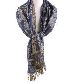 Pashmina sjaal in kobaltblauw met lurex geweven paisley