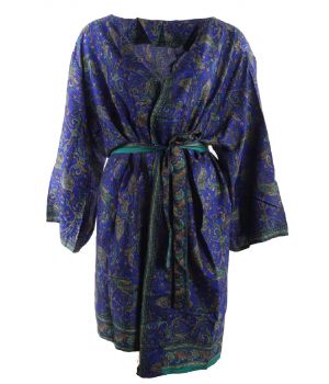 Korte zijde-blend kimono in kobaltblauw en groen