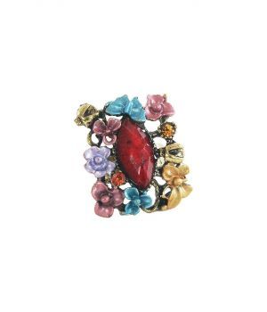 Koperkleurige ring met rode steen en een bloemenrand