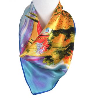 Zijden vierkante sjaal met olie-schildering van bloemenveld