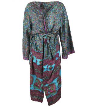 Aqua-blauwe lange zijde-blend kimono met paisley