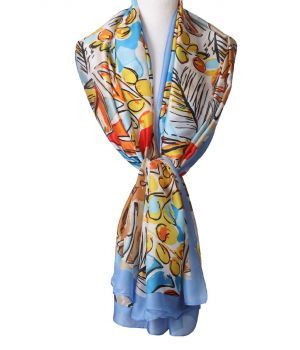 Lichtblauwe zijde-blend sjaal met bloemenprint