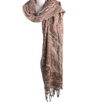 Pashmina sjaal/omslagdoek in bruin met geweven paisley