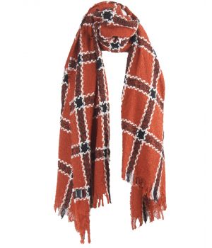 Roest-oranje bouclé sjaal met ruitpatroon