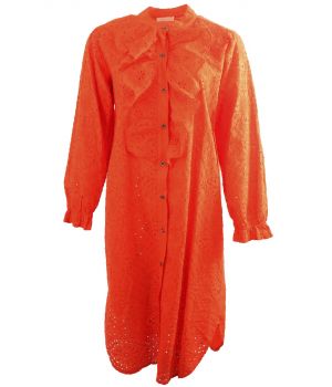 Broderie jurk met ruches in oranje