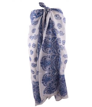 Sarong pareo met in wit paisley-ornament print in blauw