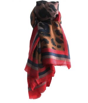 Sjaal met panterprint in camel en rood