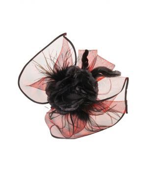 Rood-zwarte haaraccessoire met bloem, veren en gaas