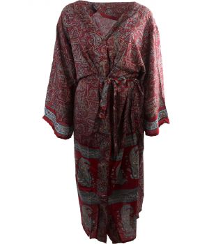 Lange zijde-blend kimono in donkerrood met paisley print