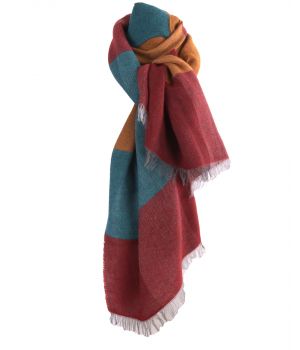 Fijn geweven sjaal met kleurvlakken in okergeel en rood
