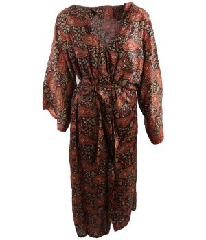Lange donkerrode zijden kimono met paisley print