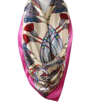 Sjaal met roze en lichtblauwe vlakken en koorden-kwasten print