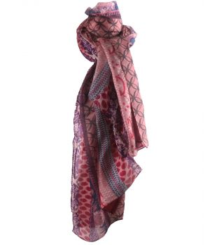 Zijden sjaal/stola met mixed print in oudroze en rood