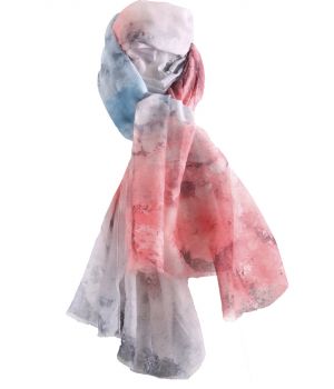 Sjaal met abstracte print in koraalroze en grijs