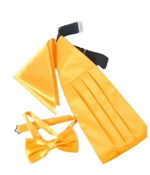 set van geel satijn met cumberband, vlinderstrik en pochet